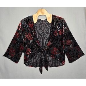 Easel Cardigan Womens Large Black Tie Front Burnout Velvet Sheer Boho Whimsigoth